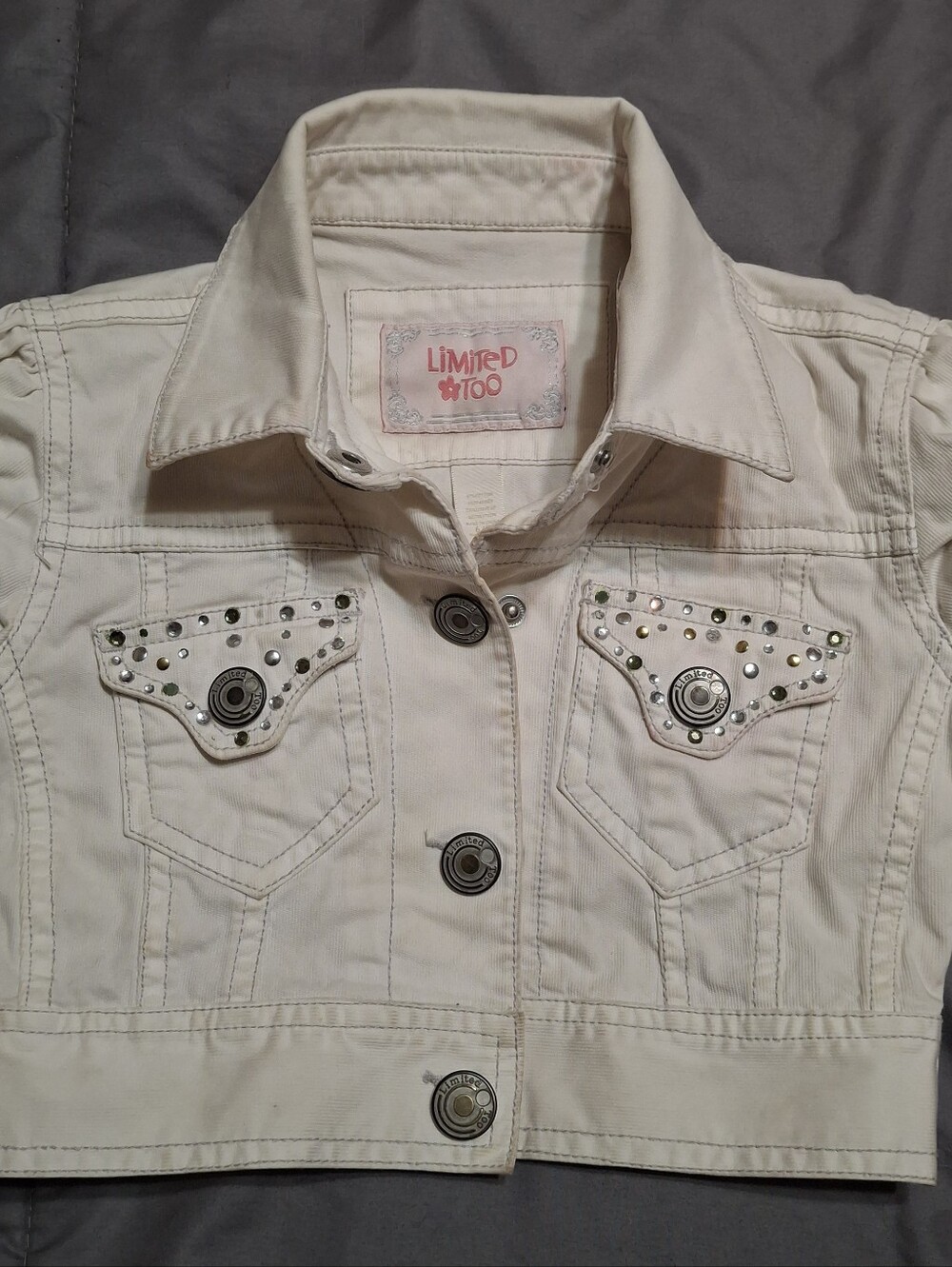 Vintage Y2K Limited Too Off-White Cropped Denim Vest with Rhinestones & Studs